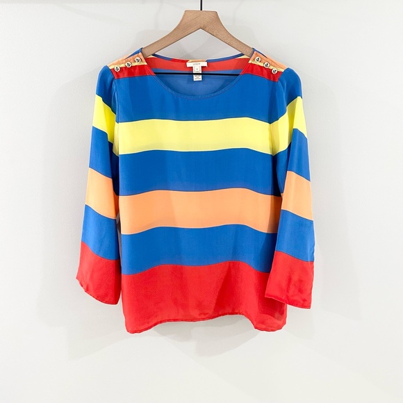 J. Crew Multi Color Striped Silk Blouse Size 12 - Picture 3 of 8